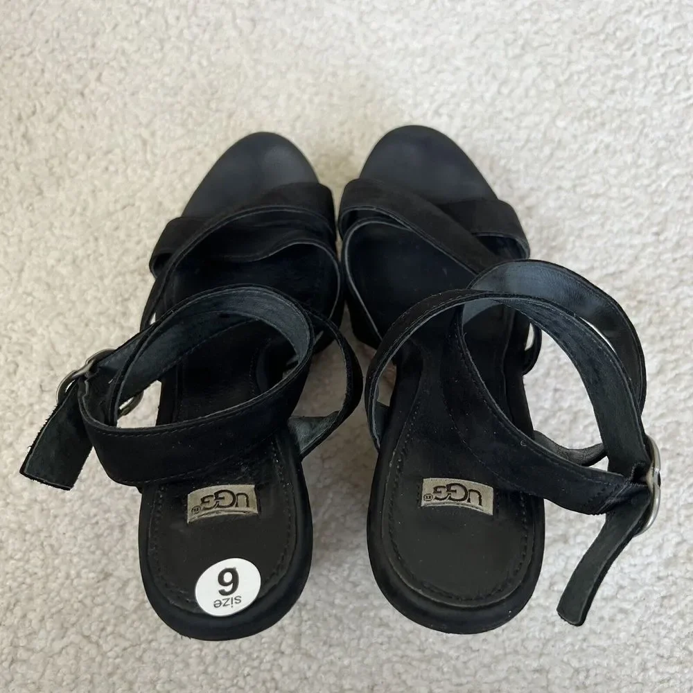 UGG  Ariah Black Suede Nubuck‎ Snake Wedge Platform Sandals Women Size 7